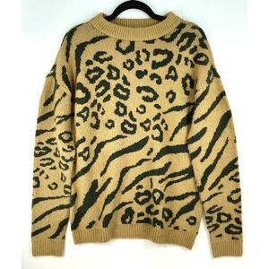 Venus  Mixed Leopard Zebra Print Crewneck  Statement Sweater Size S Tan Black
